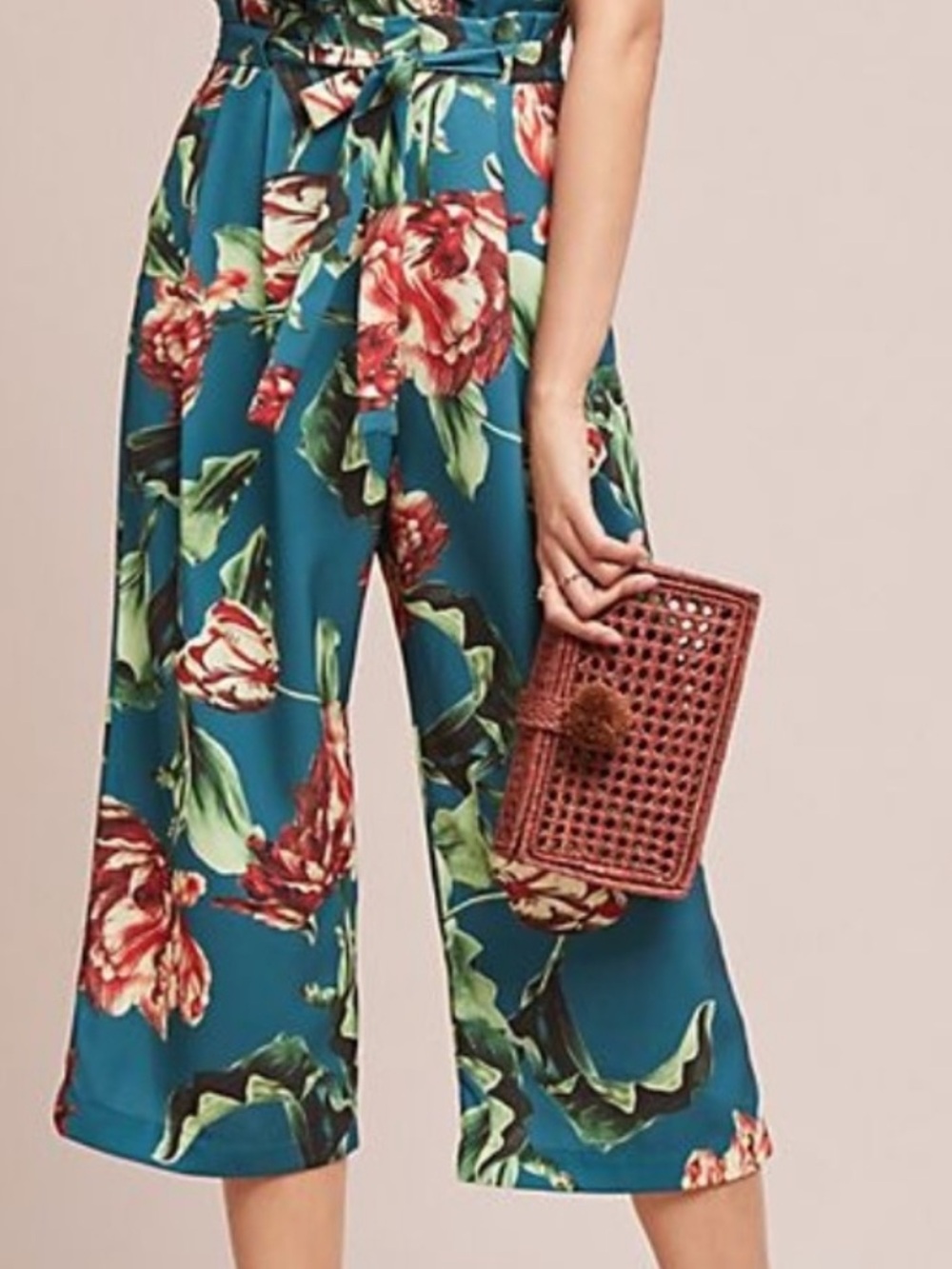 PatBo teal tropical print pant with elastic waist & tie; from Anthropologie NEW